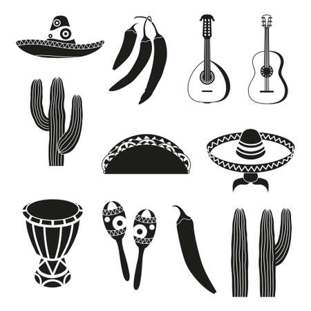 Black and white 12 mexican elements. Fiesta carnival set. Mexico theme vector illustration for icon, stamp, label, badge, certificate, leaflet, brochure or banner decorationのイラスト素材