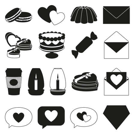 17 black and white romantic food elements. Love date invitation decor Valentine themed vector illustration for icon, stamp, label, certificate, brochure, gift card, poster or banner decorationのイラスト素材