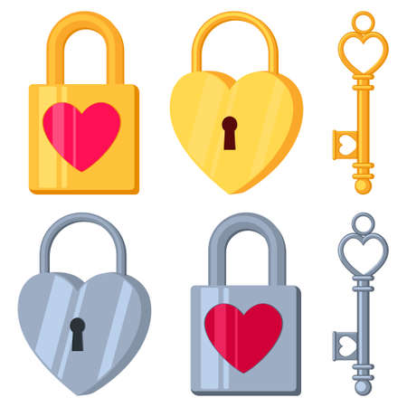 Colorful cartoon padlock and ornate key set. Vintage love and wedding symbols. St. Valentine day themed vector illustration for icon, stamp, label, brochure, gift card, poster or banner decorationのイラスト素材