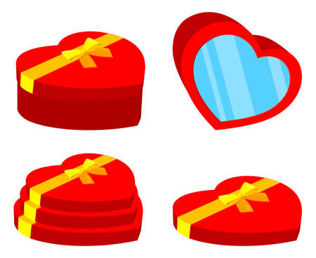 Colorful cartoon red heart box set. Wedding gift present. St. Valentine day themed vector illustration for icon, stamp, label, badge, certificate, card, poster or banner decorationのイラスト素材