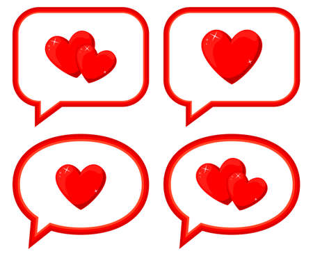 Cartoon love messages set. Red hearts in speech bubbles. St. Valentine day themed vector illustration for icon, stamp, label, badge, certificate, gift card, poster or banner decorationのイラスト素材