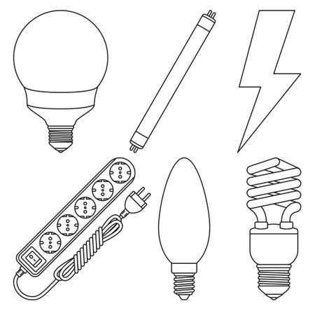6 line art black and white electric elements set. Lightning, light bulb and neon tube. Electricity themed vector illustration for icon, label, certificate, brochure, coupon or banner decorationのイラスト素材