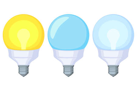 Colorful cartoon warm and cold, on and off light orb lamp set. Electricity themed vector illustration for icon, stamp, label, certificate, brochure, gift card, poster, coupon or banner decorationのイラスト素材