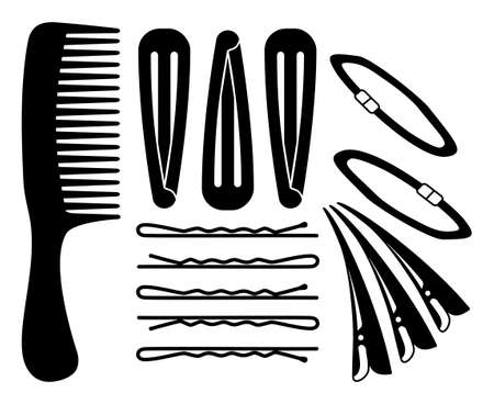 Black and white hair styling silhouette set Comb, pins and scrunchy elastic band Hairdresser equipment vector illustration for icon, label, certificate, brochure, leaflet, coupon or banner decorationのイラスト素材
