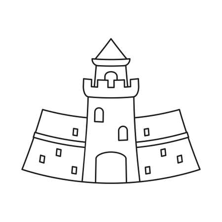 Line art black and white medieval castle. Fairy tale theme vector illustration for icon, stamp, label, certificate, gift card, invitation, coupon or sale banner decorationのイラスト素材