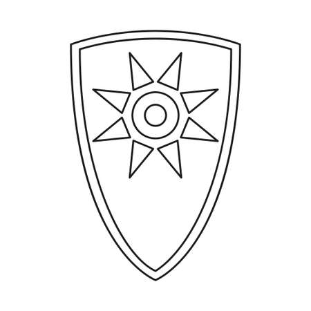 Line art black and white fairytale shield. Medieval festival props. Fairy tale theme vector illustration for icon, stamp, label, certificate, gift card, invitation, coupon or sale banner decorationのイラスト素材