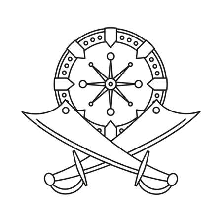 Line art black and white scimitar shield. Medieval festival props. Fairy tale theme vector illustration for icon, stamp, label, certificate, gift card, invitation, coupon or sale banner decorationのイラスト素材