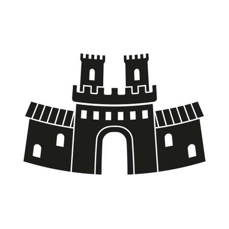 Black and white fairy tale castle gate silhouette. Medieval theme vector illustration for icon, stamp, label, certificate, gift card, invitation, coupon or sale banner decorationのイラスト素材