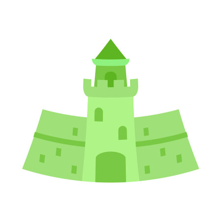 Cartoon green forest castle. Fairy tale theme vector illustration for icon, stamp, label, certificate, gift card, invitation, coupon or sale banner decorationのイラスト素材