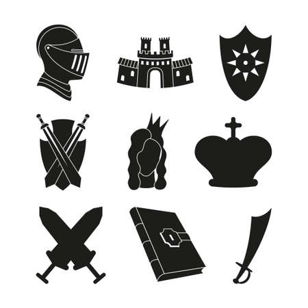 9 black and white fairytale icons. Medieval festival prop elements. Fairy tale theme vector illustration for stamp, label, certificate, gift card, invitation, coupon or sale banner decorationのイラスト素材