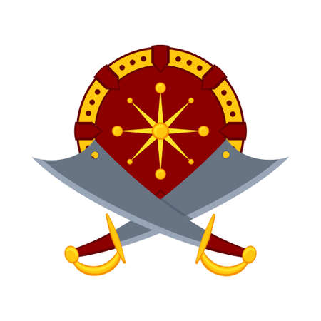 Colorful cartoon scimitar shield. Medieval festival props.のイラスト素材