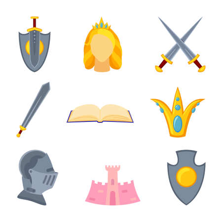 9 cartoon colorful fairytale elements. Medieval festival props. Fairy tale theme vector illustration for icon, stamp, label, certificate, gift card, invitation, coupon or sale banner decorationのイラスト素材