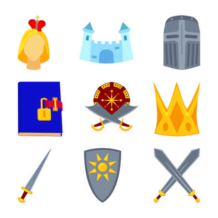 9 cartoon colorful fairy tale elements. Historical festival props. Fairytale theme vector illustration for icon, stamp, label, certificate, gift card, invitation, coupon or banner decorationのイラスト素材