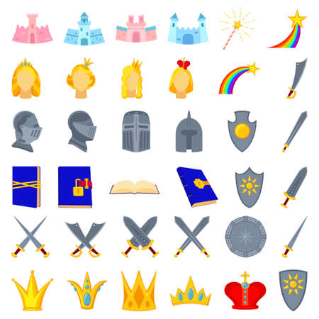 25 cartoon colorful fairytale elements. Medieval festival props. Fairy tale theme vector illustration for icon, stamp, label, certificate, gift card, invitation, coupon or sale banner decorationのイラスト素材