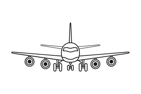 Line art black and white airplane front view. Modern transport method. Travel themed vector illustration for icon, label, certificate, ticket, coupon or sale banner decorationのイラスト素材