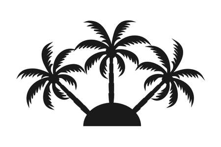 Black and white 3 palm tree on an island silhouette. Vacation tropical island sign. Travel themed vector illustration for icon, logo, label, emblem, postcard or invitation decorのイラスト素材