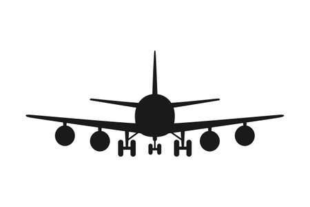 Black and white airplane front view silhouette. Modern transport method. Travel themed vector illustration for icon, label, certificate, ticket, coupon or sale banner decorationのイラスト素材