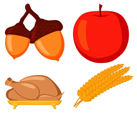 Colorful autumn element set. Festive thanksgiving party food. Fall themed vector illustration for icon, logo, poster, postcard or invitation card decorのイラスト素材