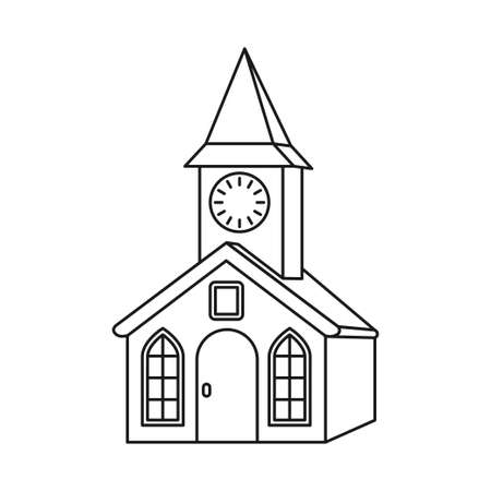Line art black and white clock tower. Small town building. Vector illustration for icon, site label, gift card, coloring book decorationのイラスト素材