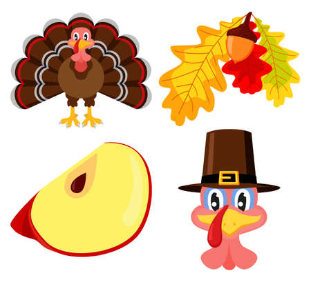 Colorful thanksgiving element set. Festive autumn party icons. Fall themed vector illustration for logo, poster, postcard or invitation card decorのイラスト素材