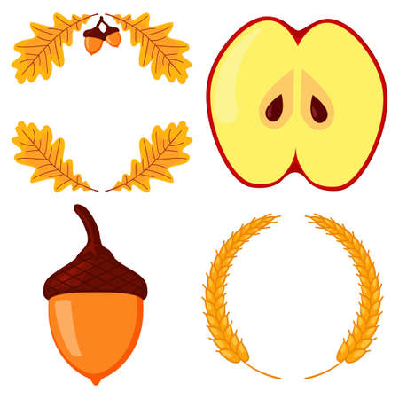 Colorful autumn harvest elements. Festive party frames set. Thanksgiving themed vector illustration for poster, postcard or invitation card decorのイラスト素材