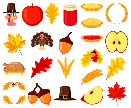 Colorful thanksgiving 23 element set. Festive autumn party icons. Fall themed vector illustration for logo, poster, postcard or invitation card decorのイラスト素材