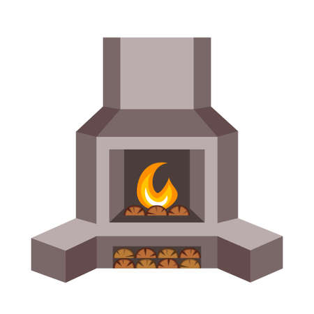Cartoon metal fire place. Home fireplace setup for winter holidays. Christmas theme vector illustration for poster, label or gift card decorationのイラスト素材