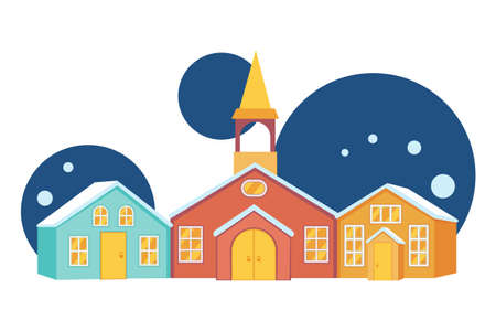 Colorful cartoon winter town street scenery posterのイラスト素材