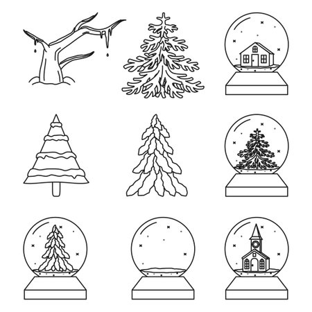 Black and white set of xmas trees and glass ballsのイラスト素材