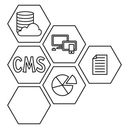 Line art black and white pattern of cms elements. Hexagon arrow point right.のイラスト素材