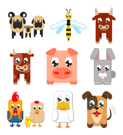 Colorful cartoon domestic animals isolated on white background 9 elements setのイラスト素材