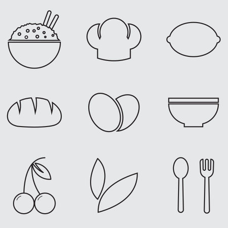 Set of simple vector icons on the theme of food and kitchen. vector outline illustration and silhouetteのイラスト素材