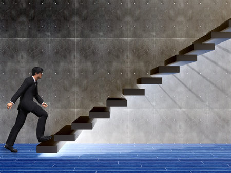 Conceptual business man climbing a stair over a wall and floor