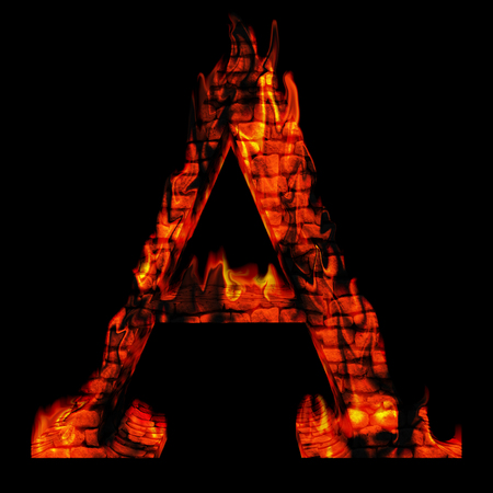 Conceptual hot red fire flame font isolated on blackの写真素材