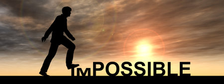 Conceptual impossible text concept with a man at sunset banner