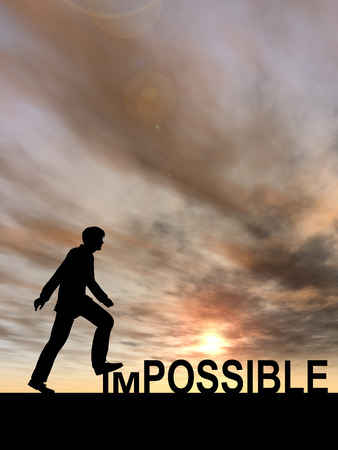 Conceptual impossible text concept with a man at sunsetの写真素材