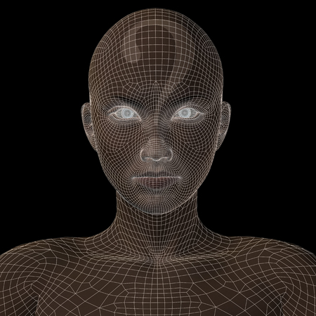 Conceptual witreframe or mesh woman face with a question markの写真素材