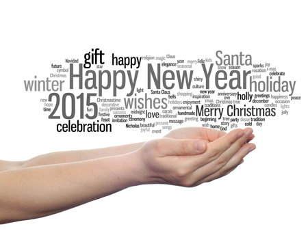 Conceptual Happy New Year 2015 word cloud in hands concept isolated