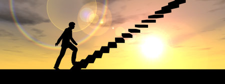 Conceptual business man climbing a stair over sky at sunset background banner