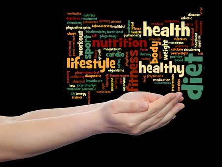 Conceptual health word cloud in hands isolated on backgroundの写真素材