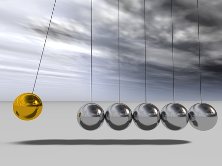Concept or conceptual 3D silver and gold sphere pendulum over sky backgroundの写真素材