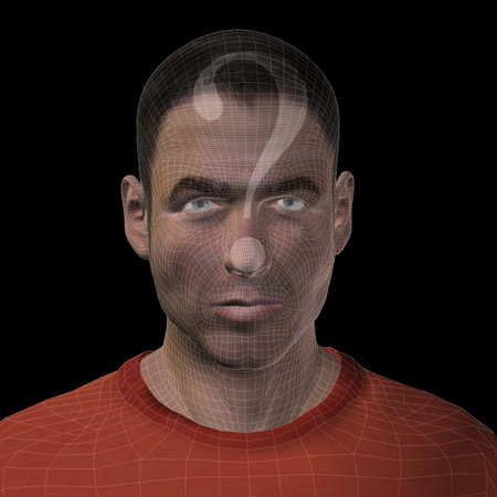 Conceptual witreframe or mesh man face with a question mark
