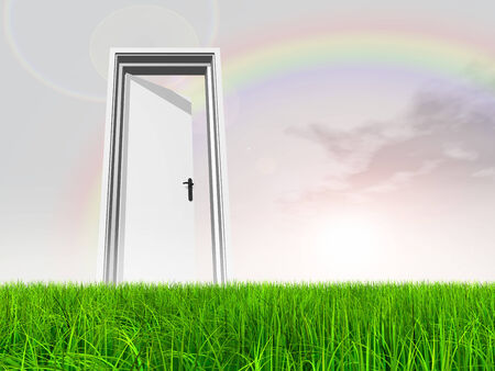 White door in green grass with sky backgroundの写真素材