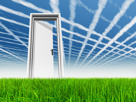 White door in green grass with sky backgroundの写真素材