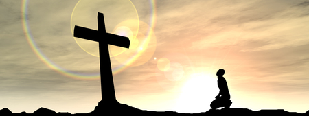 Conceptual religion black cross with a man praying at sunset bannerの写真素材