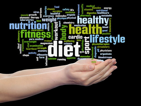Conceptual health word cloud in hands isolated on black backgroundの写真素材
