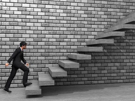 Conceptual business man climbing a stair over a wall and floorの写真素材