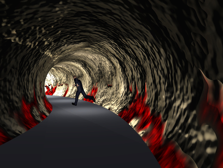 Conceptual 3D business man, dark road tunnel with bright light at the end backgroundの写真素材