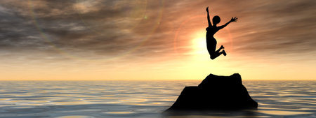 Conceptual business woman silhouette jumping at sunset sky background banner