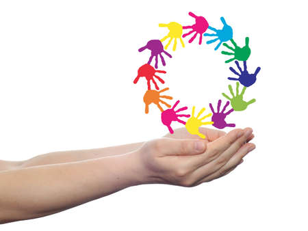 concept or conceptual children painted hand print isolated on white backgroundの写真素材